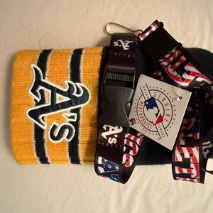 A's Yellow and Dark Green Beanie with Oakland A’s Lanyard